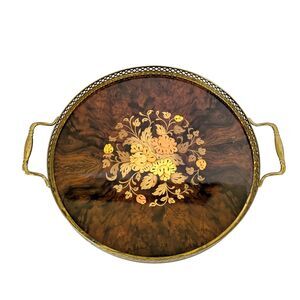 Vintage Italian Marquetry Burl Wood Serving Tray Floral Inlay Brass Gallery 12”